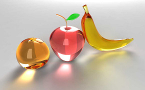 Стеклянное яблоко, Натюрморт из стеклянного яблока, стеклянного баннана и персика