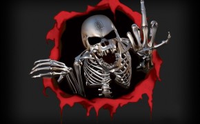 Скелет, Скелет на черном фоне лезет из красной дырки
